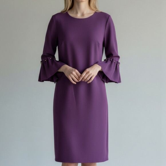 donna karen Dresses & Skirts - Donna Karen Plum Midi Dress Gold Hardware 3/4 Ruffled Sleeve Beaded Sz 10